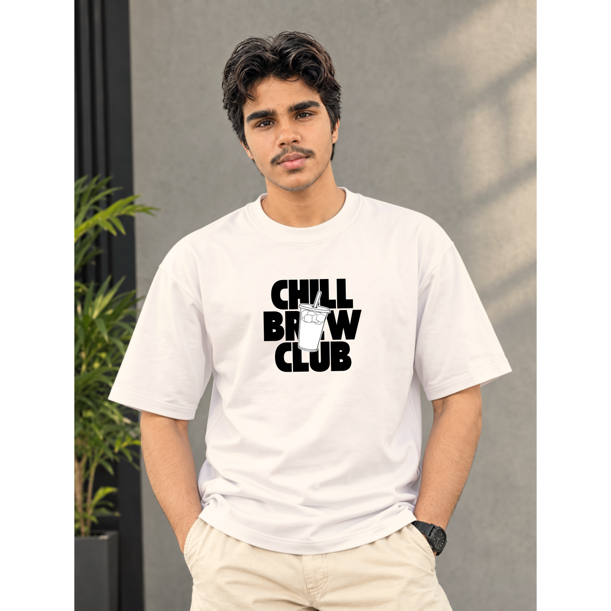 Men's Oversized Chill Brew Club Graphic T-Shirt - White Drop Shoulder
