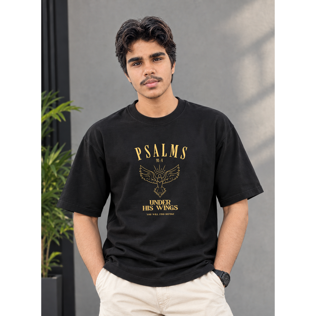 Men's Oversized Psalms 91:4 Graphic T-Shirt - Black Drop Shoulder