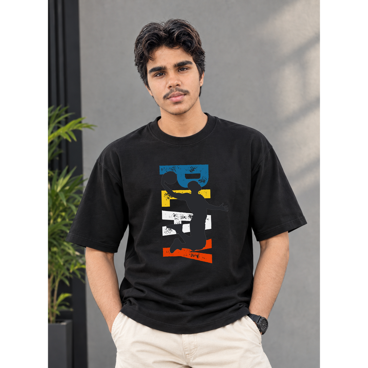 Men's Oversized Basketball Play Graphic T-Shirt - Drop Shoulder