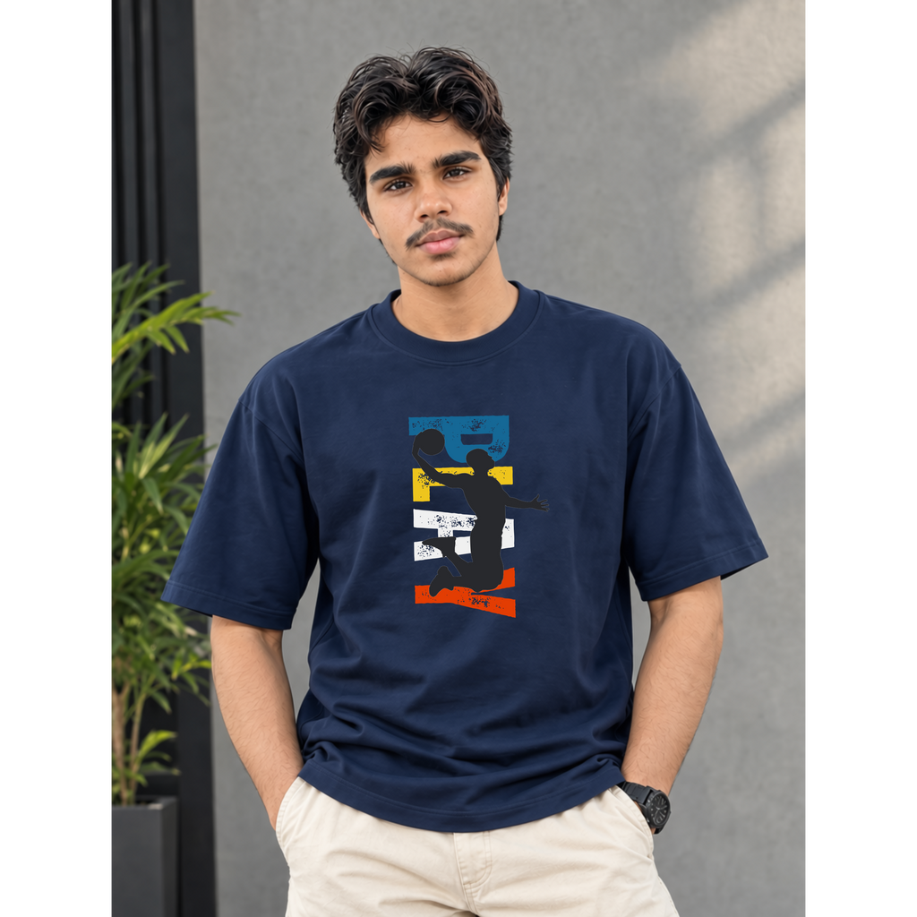 Men's Oversized Basketball Play Graphic T-Shirt - Drop Shoulder
