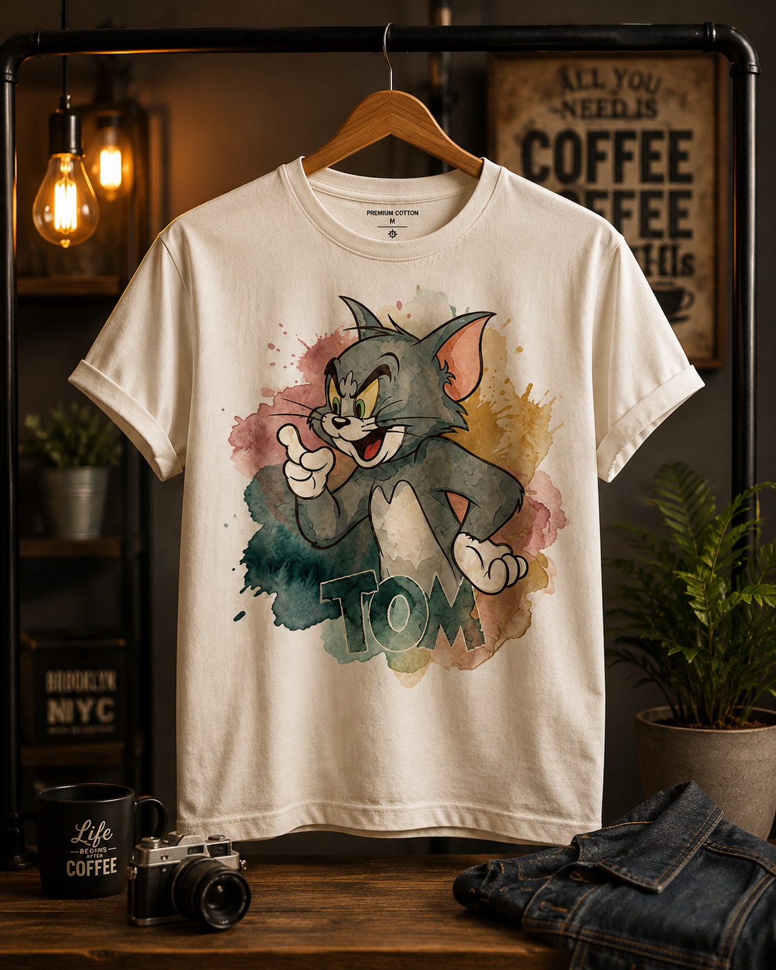 A cream-colored graphic t-shirt featuring Tom and Jerry's 'Tom' character in a watercolor style, hanging on a wooden hanger on a clothing rack. The background is a warm, cozy coffee-shop themed setting with shelves, hanging light bulbs, a coffee mug, and a plant.