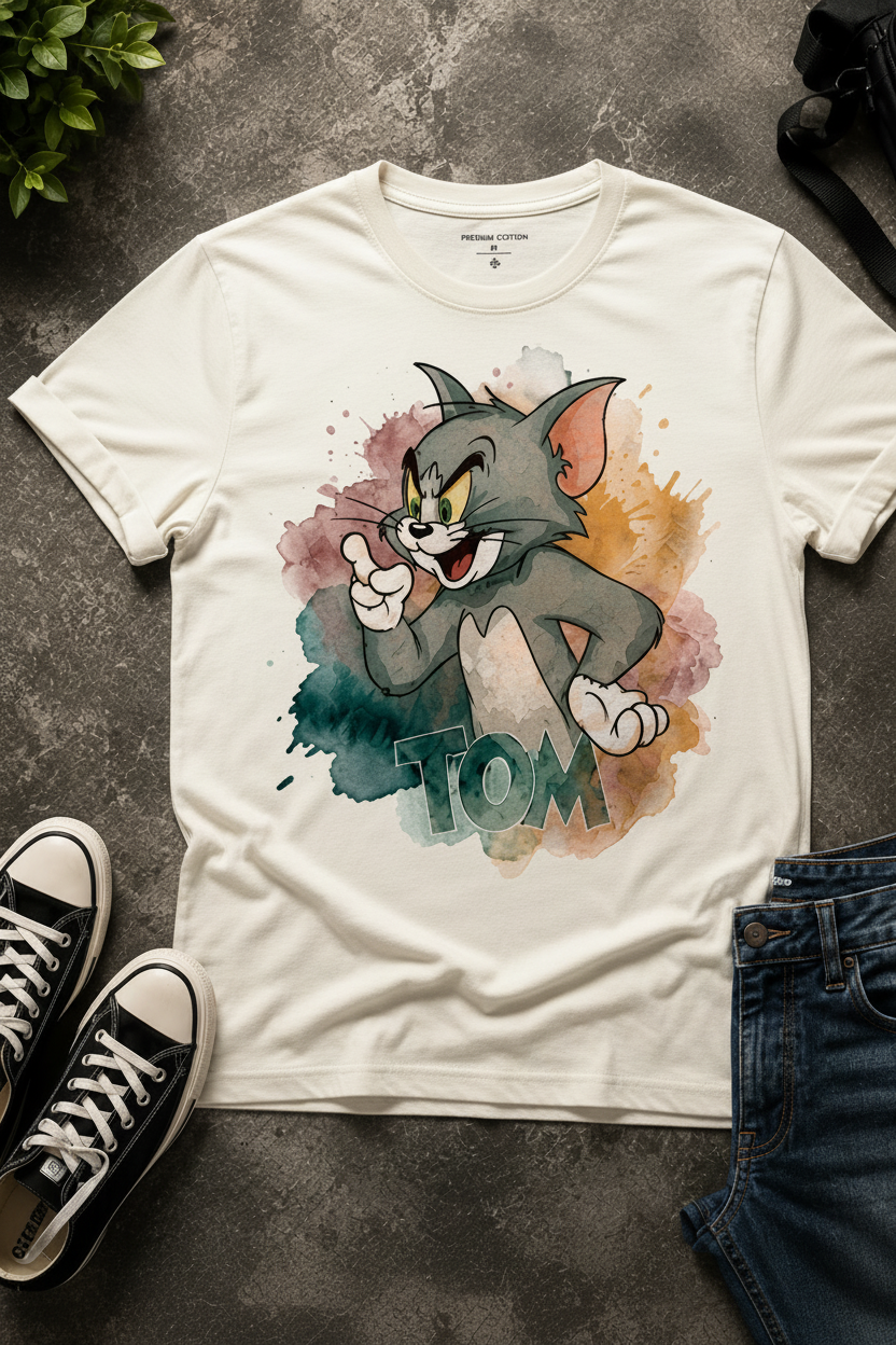 A o t-shirt featuring a watercolour-style graphic of Tom and Jerry with the word 'TOM' printed below, styled in a flat lay on a textured Gray surface with jeans, sneakers, and a small plant.f-white