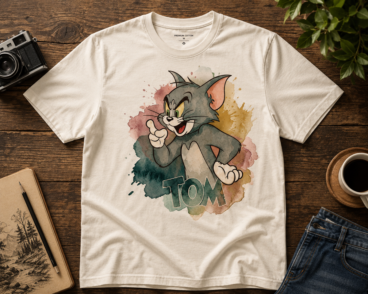 A cream-colored graphic t-shirt featuring Tom and Jerry's character Tom in a watercolor splash design, styled in a flat-lay on a dark wood table with a camera, notebook, coffee cup, and jeans.