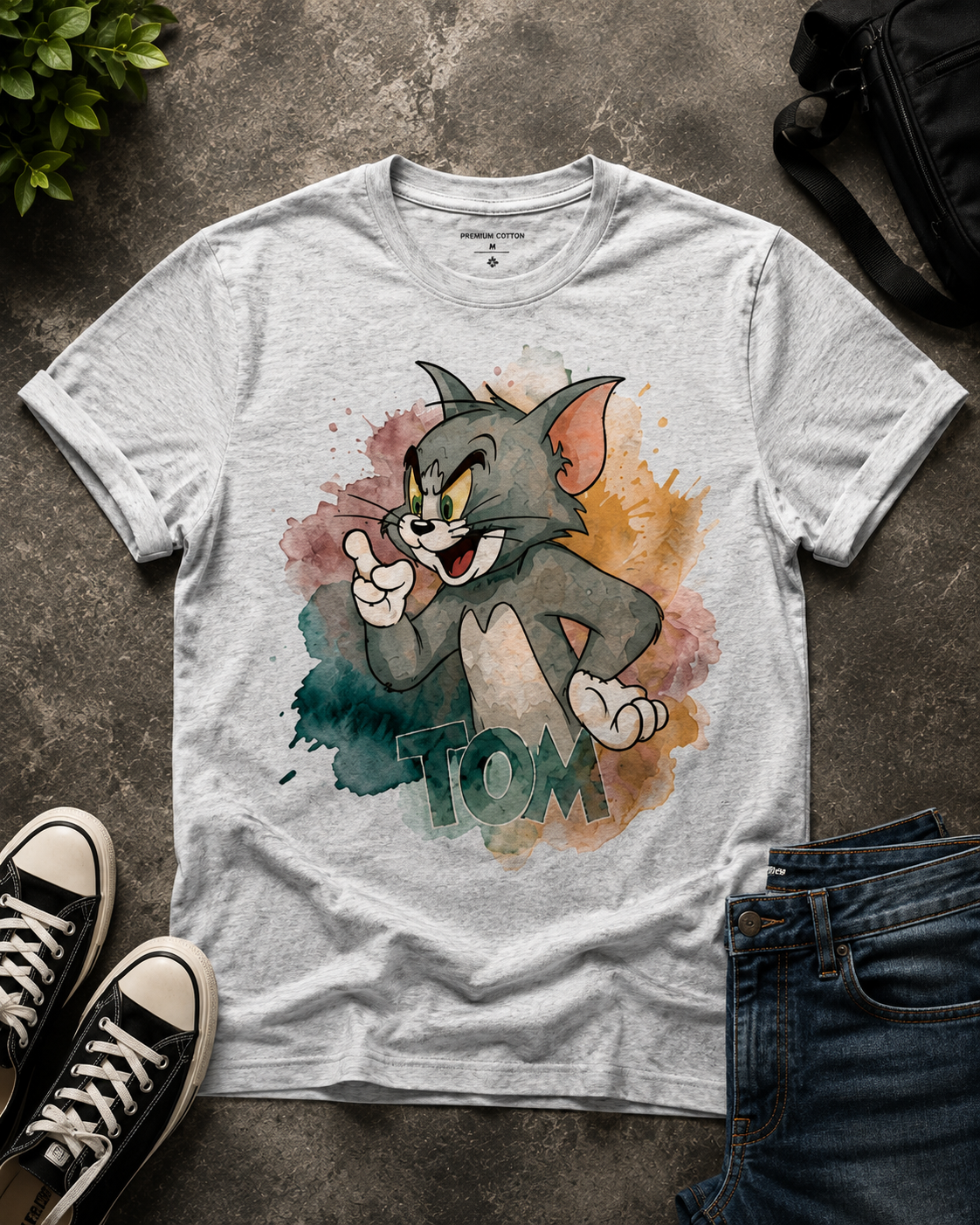 A light gray heather t-shirt featuring a watercolor-style graphic of Tom and Jerry with the word 'TOM' printed below, styled in a flat lay on a textured gray surface with jeans, sneakers, and a small plant.