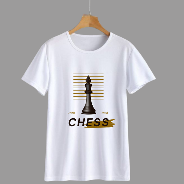 Chess King T-Shirt Design On White Shirt With Graphic Board Lines And Modern Typography