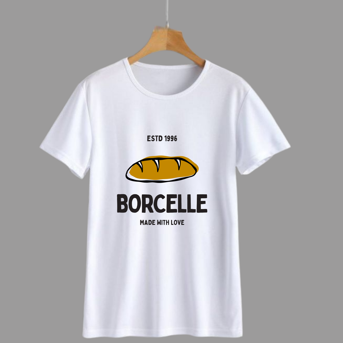 White T-Shirt With Bread Bakery Logo Graphic Tee Featuring Borcelle Made With Love Design