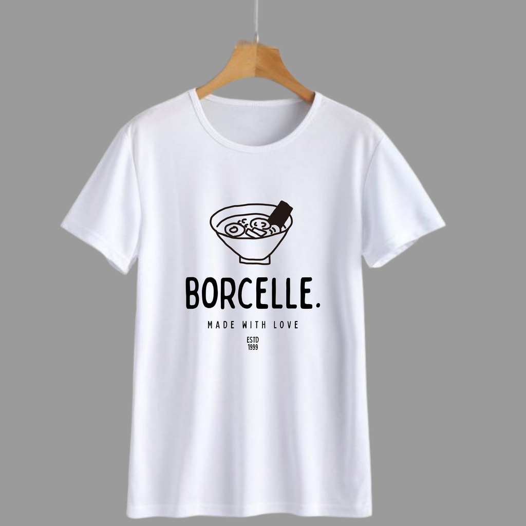 White T-Shirt With Ramen Bowl Graphic and 'Borcelle Made With Love' Logo