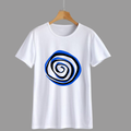 White T-Shirt With Blue Spiral Abstract Design Hanging On Hanger Minimalist Fashion Tee
