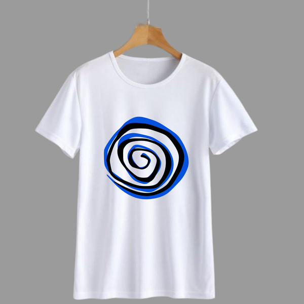 White T-Shirt With Blue Spiral Abstract Design Hanging On Hanger Minimalist Fashion Tee