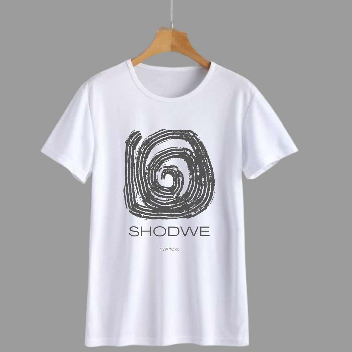 White Graphic T-Shirt Mockup With Minimal Spiral Logo And New York Branding On Hanger