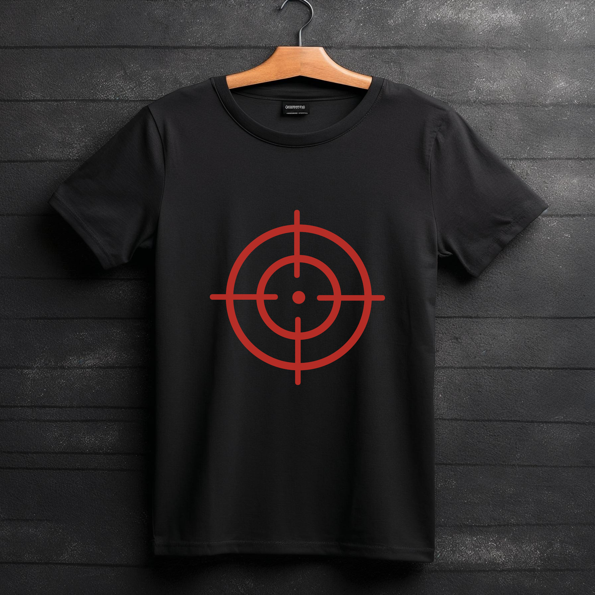 Black T-Shirt Mockup With Red Target Bullseye Crosshair Graphic Center Print On Hanger