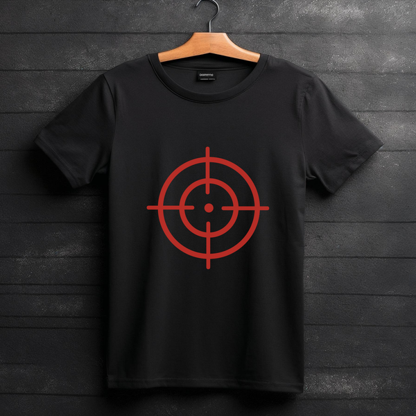 Black T-Shirt Mockup With Red Target Bullseye Crosshair Graphic Center Print On Hanger