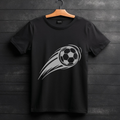 Soccer Ball Graphic T-Shirt Design On Black Shirt With Dynamic Motion Lines For Fans