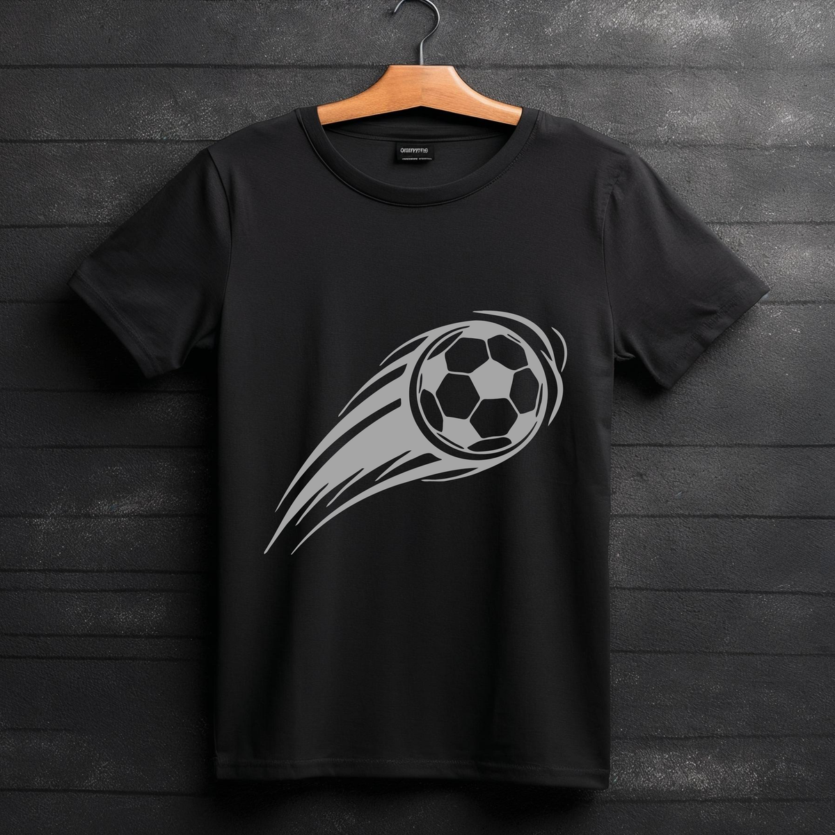 Soccer Ball Graphic T-Shirt Design On Black Shirt With Dynamic Motion Lines For Fans