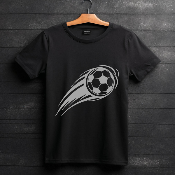 Soccer Ball Graphic T-Shirt Design On Black Shirt With Dynamic Motion Lines For Fans