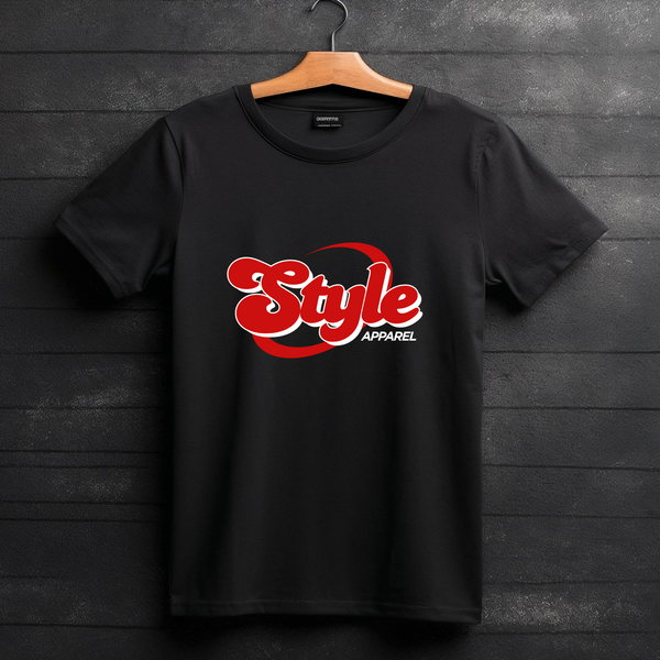 Black T-Shirt With Red Style Apparel Logo On Hanger Fashion Branding Mockup For Clothing
