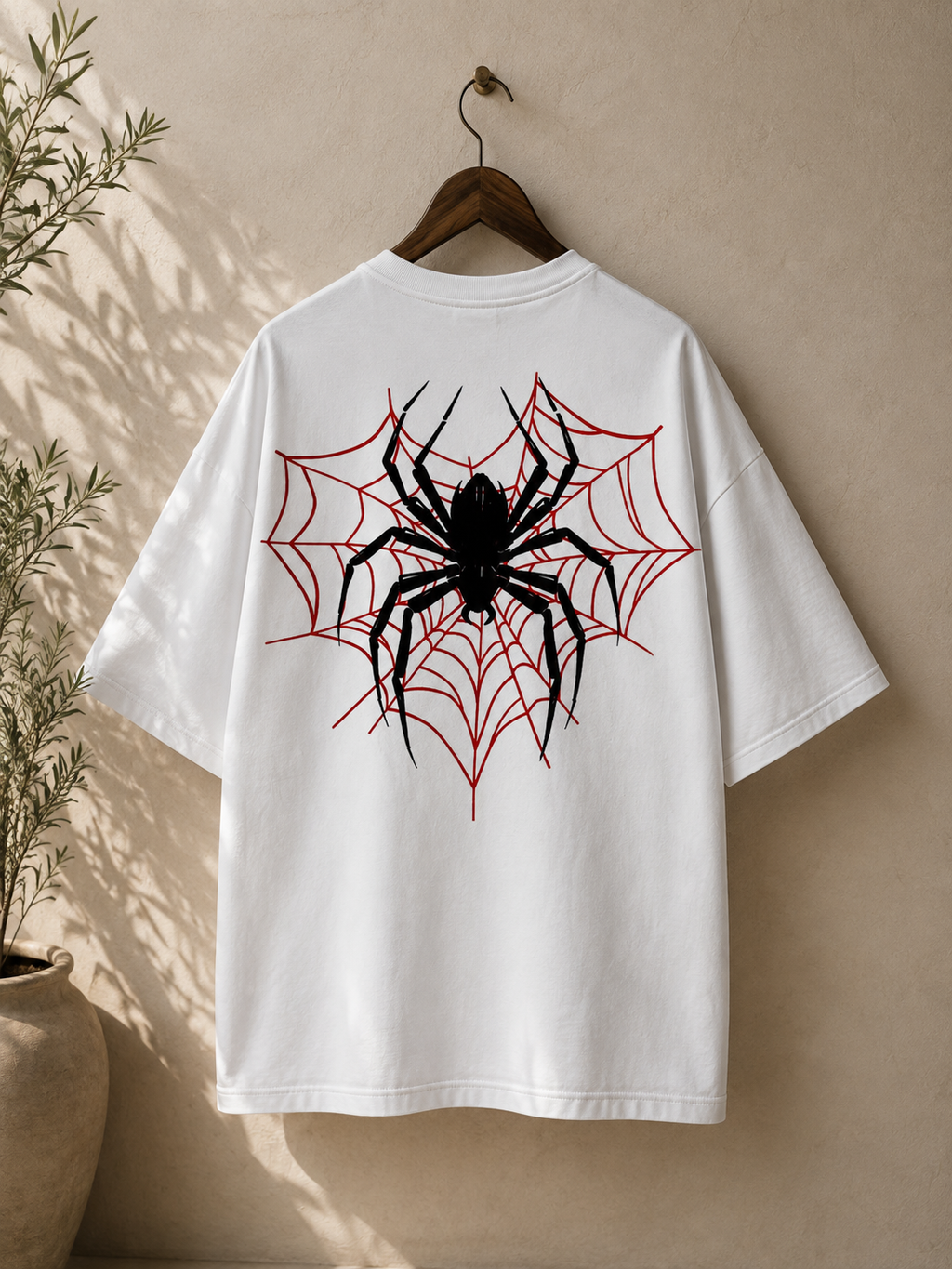 A white oversized T-shirt hanging on a wooden hanger against a beige wall, featuring a large black spider graphic over a red spiderweb design on the back.