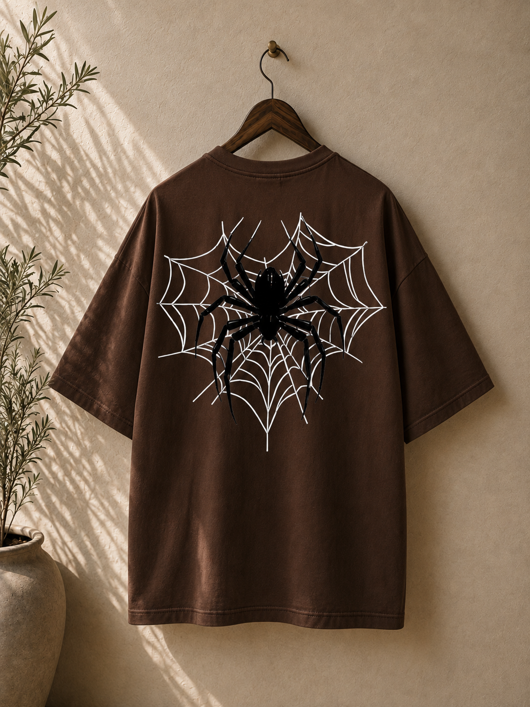 A brown short-sleeve T-shirt hanging on a wooden hanger against a textured beige wall, featuring a large white spiderweb graphic with a black spider on the back. A potted plant is visible on the left with soft shadow overlays.
