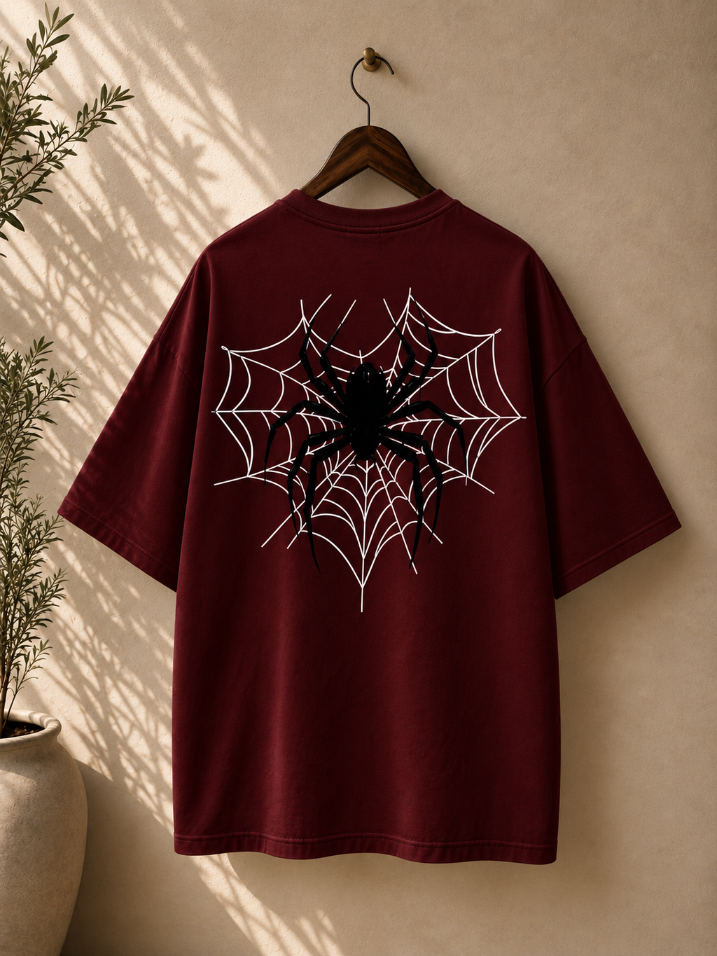 A burgundy short-sleeve T-shirt hanging on a wooden hanger against a beige wall, featuring a large white spiderweb graphic with a black spider on the back.
