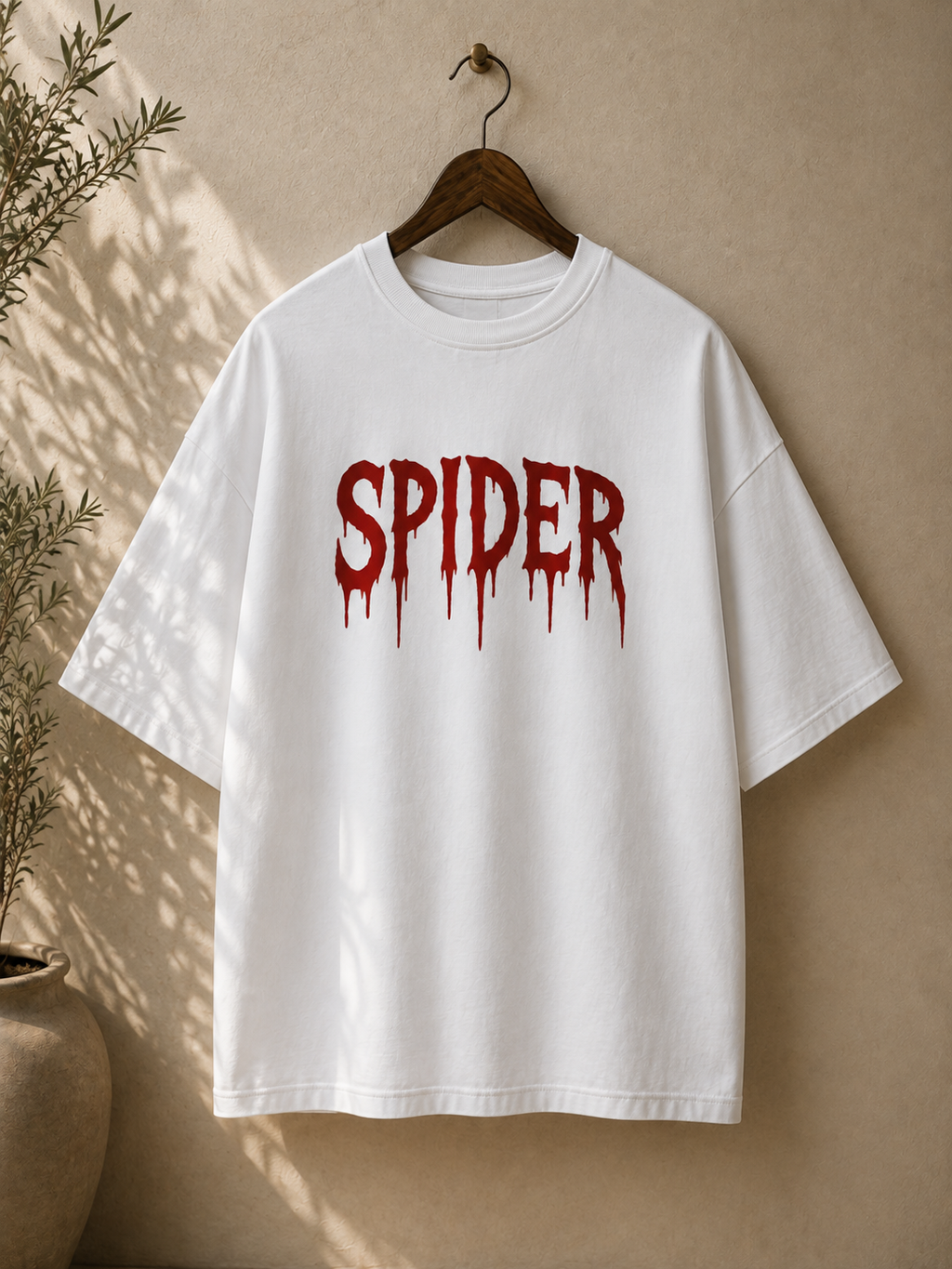 A white oversized short-sleeve t-shirt hanging on a wooden hanger against a textured beige wall, featuring the word 'SPIDER' printed in a dripping red font across the chest.