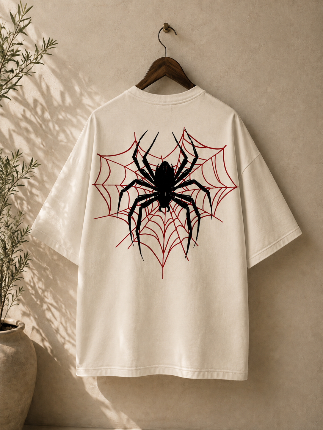 An oversized off-white t-shirt hanging on a wooden hanger against a textured beige wall, featuring a large graphic print of a black spider inside a red spiderweb on the back.
