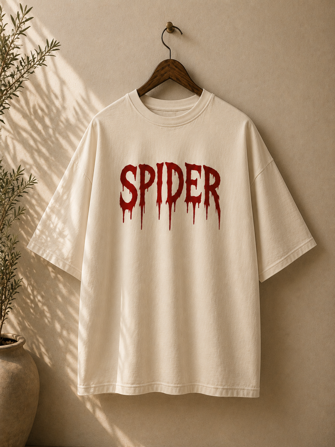 An oversized cream-colored t-shirt hanging on a wooden hanger against a textured beige wall, featuring the word 'SPIDER' printed in a dripping red font across the chest.