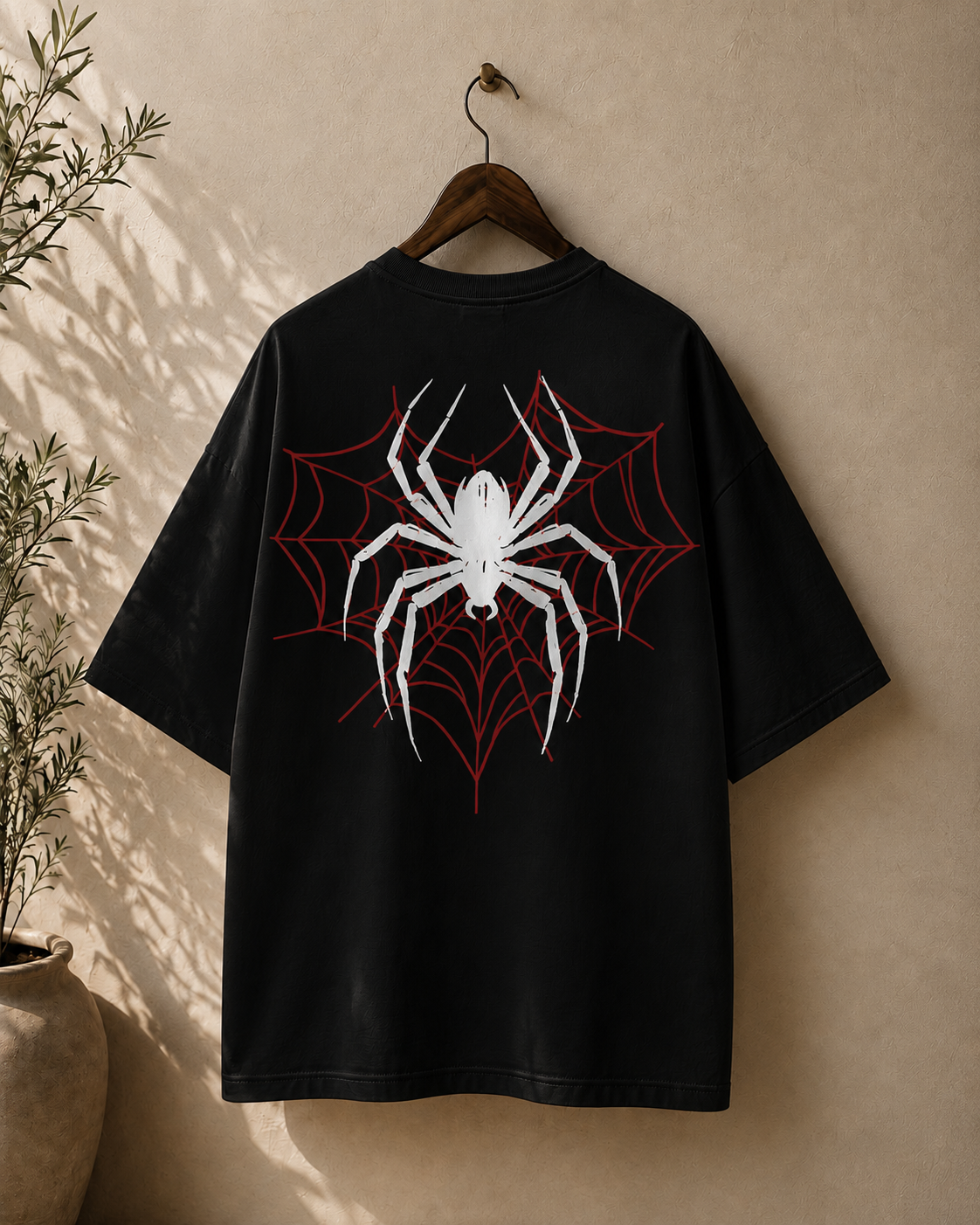 A black oversized short-sleeve T-shirt hanging on a wooden hanger against a warm beige wall, featuring a large white spider graphic over a red spiderweb design on the back.