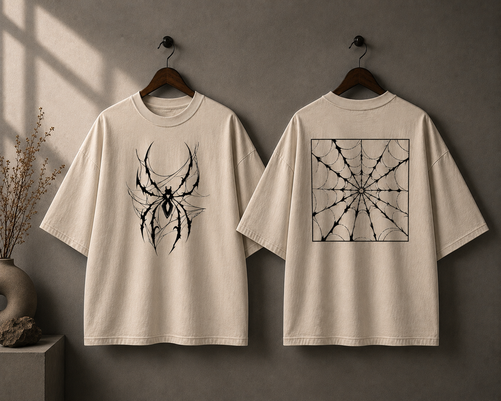 Two cream-colored oversized T-shirts hanging on wooden hangers against a textured gray wall. The front shirt features a black spider graphic, and the back shirt features a black spiderweb square design.