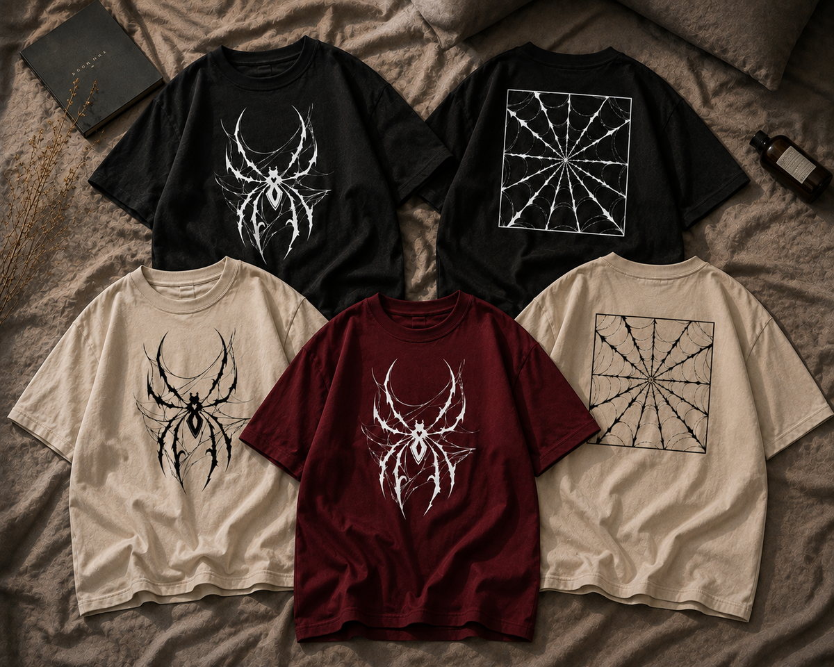 Five graphic T-shirts arranged in a flat lay on a textured brown rumpled fabric, more like a bed sheet background. The shirts come in black and beige, with one burgundy shirt, each featuring a styled spider or web graphic on the front and a geometric web pattern on the back.