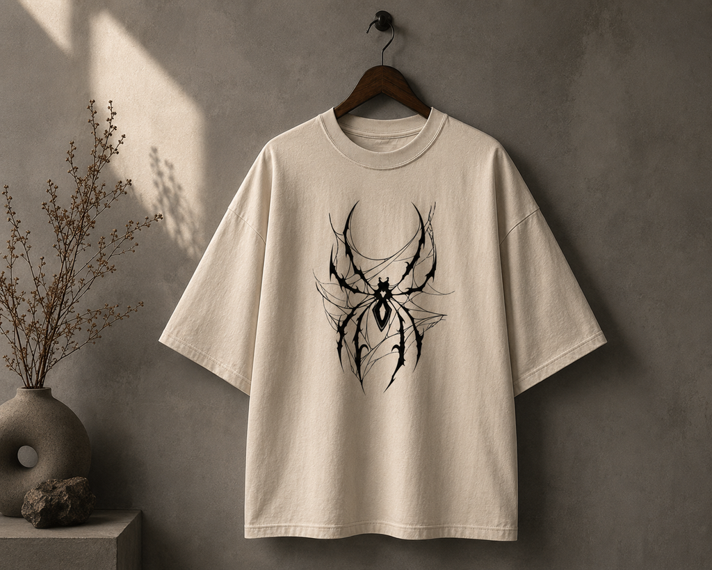 An oversized off-white t-shirt hanging on a wooden hanger against a textured gray wall. The shirt features a prominent black graphic print of a stylized, tribal spider on the chest.