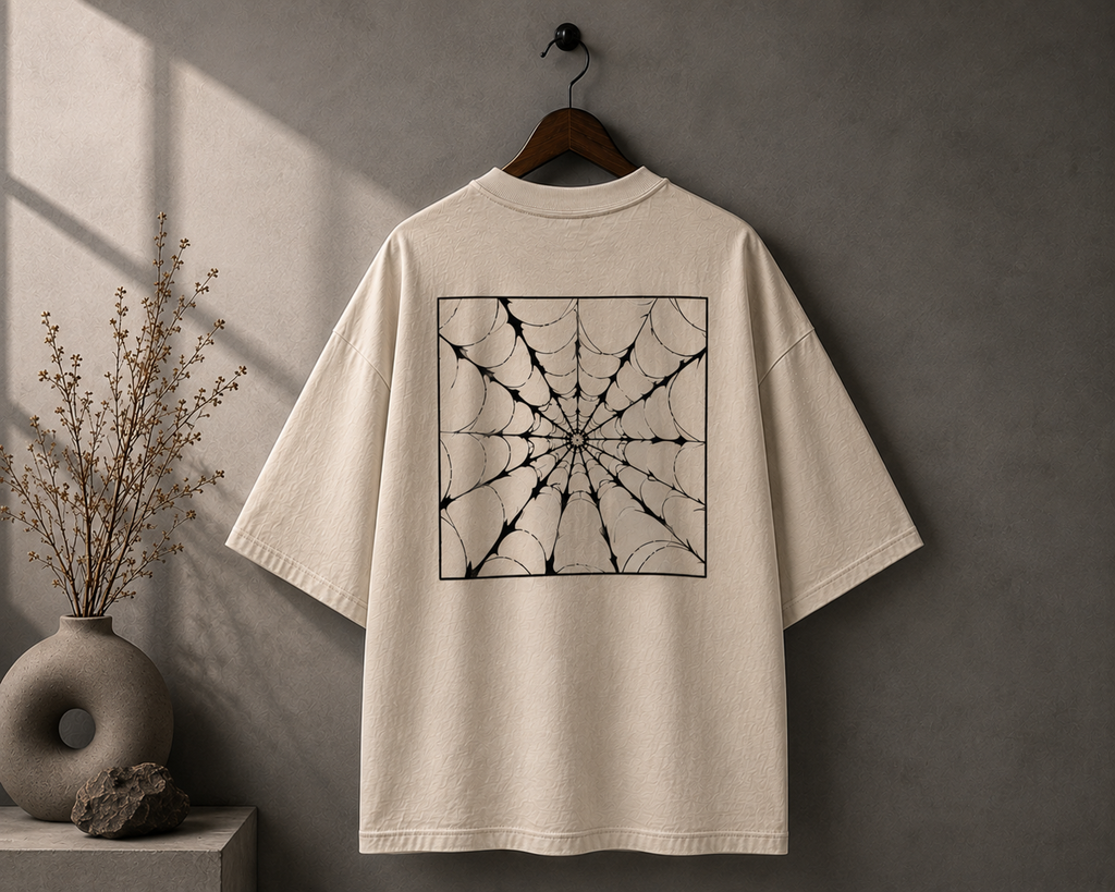 A cream-colored oversized short-sleeve t-shirt hanging on a wooden hanger against a textured gray wall. The back of the shirt features a large black square graphic depicting a spiderweb design.