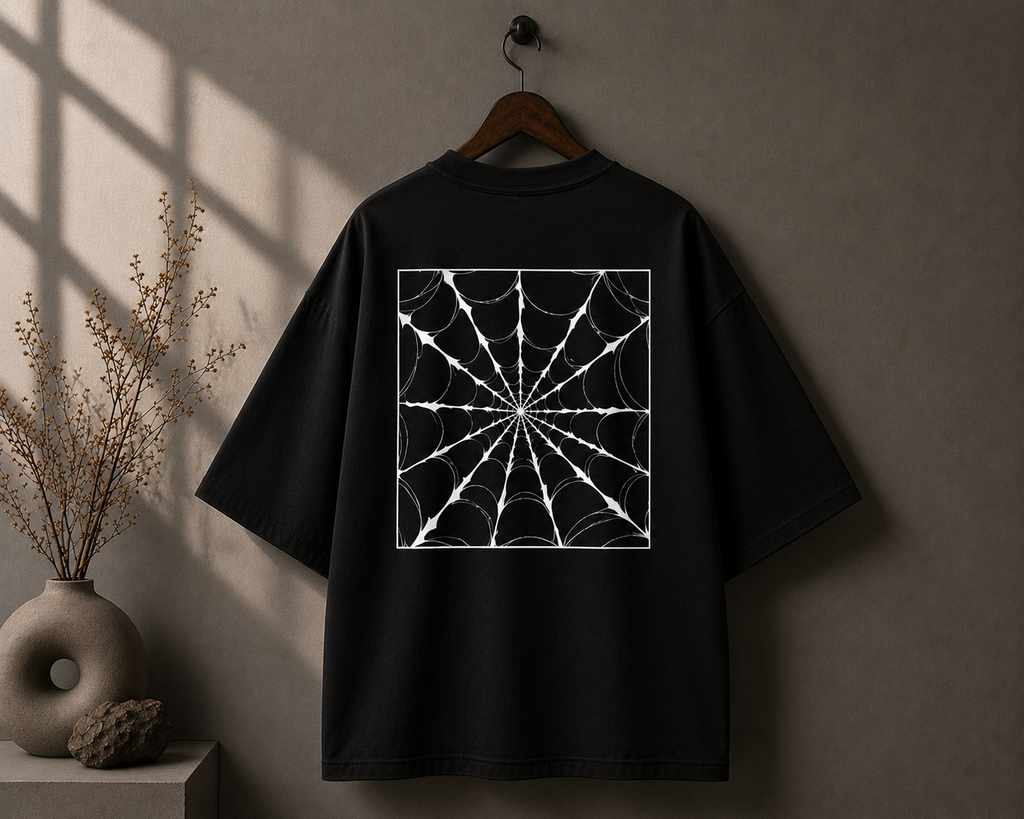 A black short-sleeve T-shirt hanging on a wooden hanger against a textured gray wall, featuring a large white spiderweb square graphic printed on the back. A vase with dried branches sits to the left, and soft window-shadow light falls across the scene.