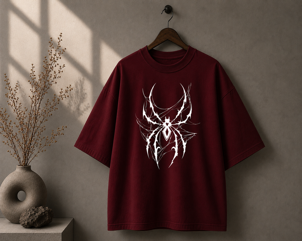 A burgundy short-sleeve t-shirt with a white spider graphic hanging on a wooden hanger against a textured gray wall, with a vase of dried branches on the left.