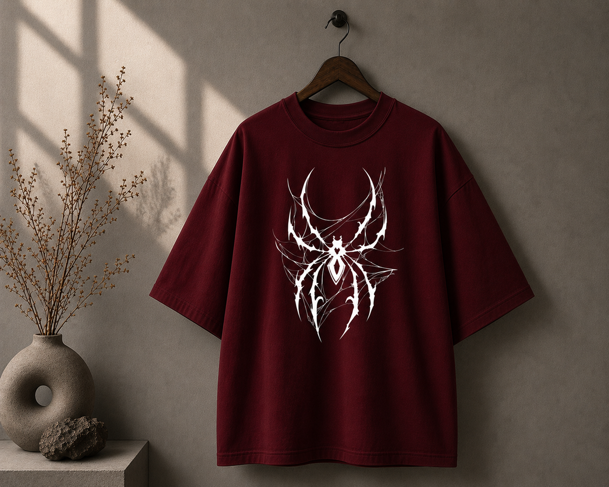 A burgundy short-sleeve t-shirt with a white spider graphic hanging on a wooden hanger against a textured gray wall, with a vase of dried branches on the left.